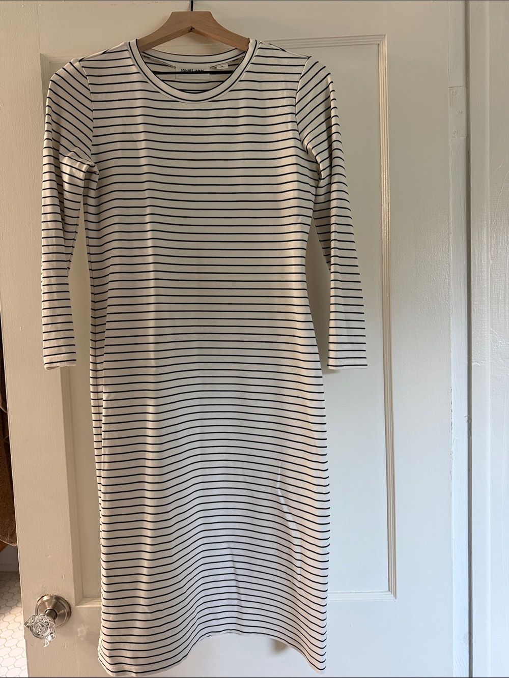 Sonnet James Striped Long Sleeve Midi Dress in White & Black